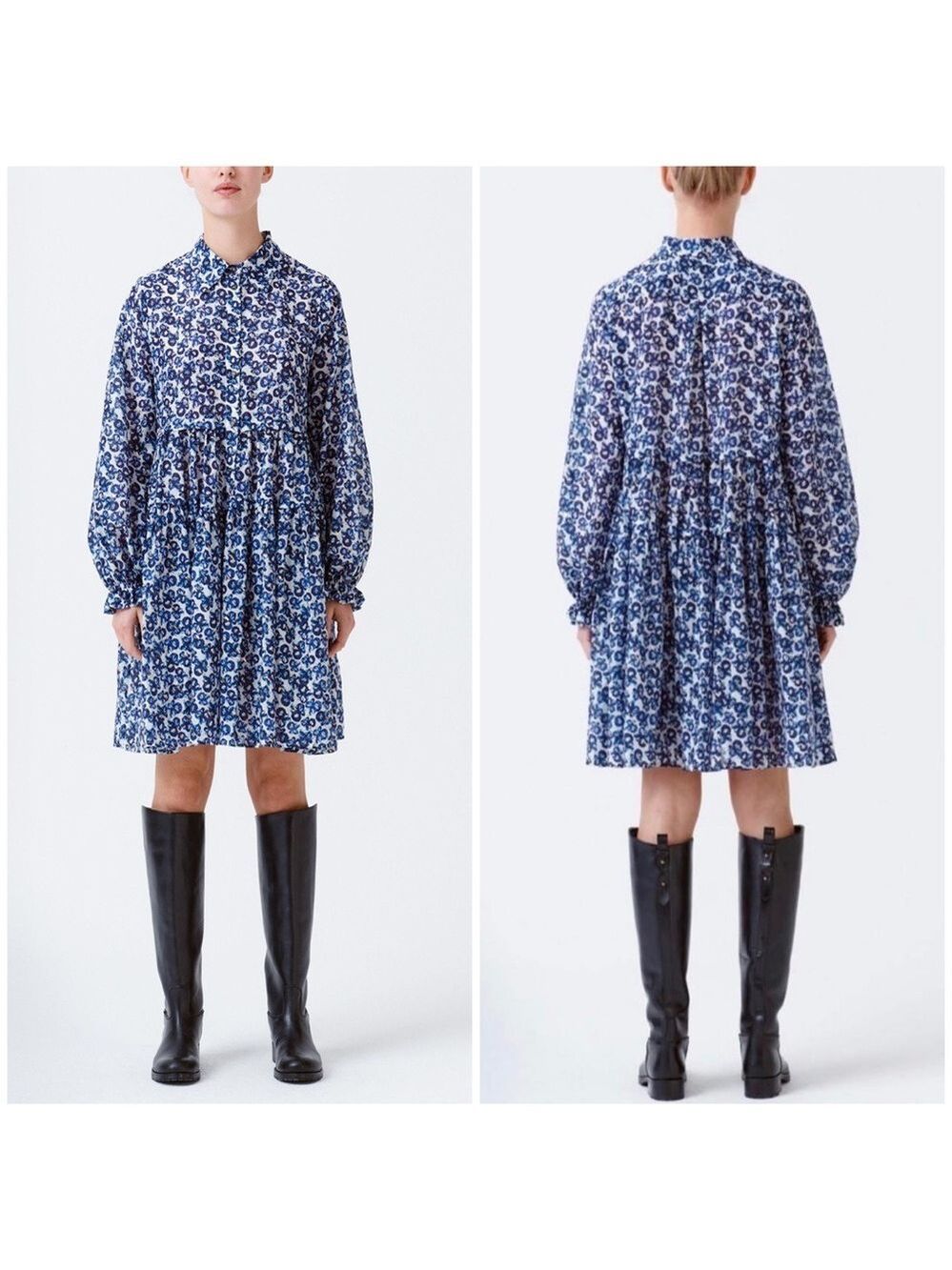Munthe Rita Floral Dot Long Sleeve Organic Cotton Silk Blend Shirt Dress in Navy